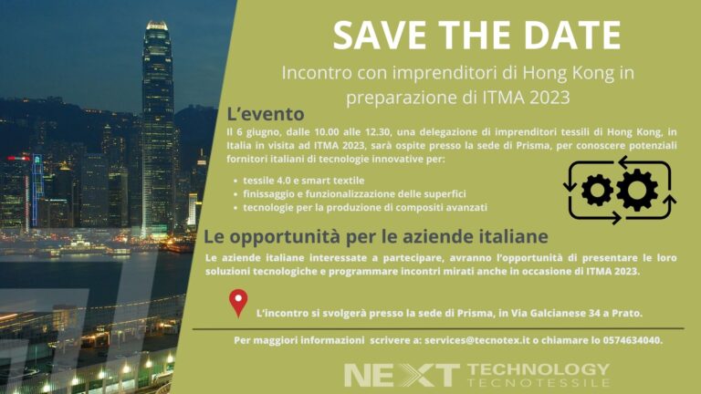 SAVE THE DATE: martedì 6 giugno incontro con imprenditori di Hong Kong in preparazione di ITMA 2023